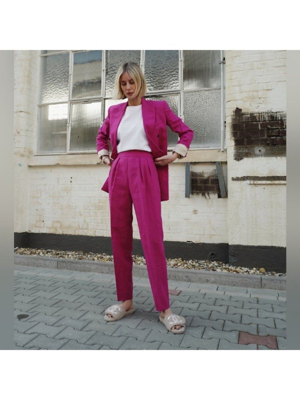 Theory Hot Pink Linen Suit Set Double Breasted Blazer & Trousers 6 - Picture 4 of 15